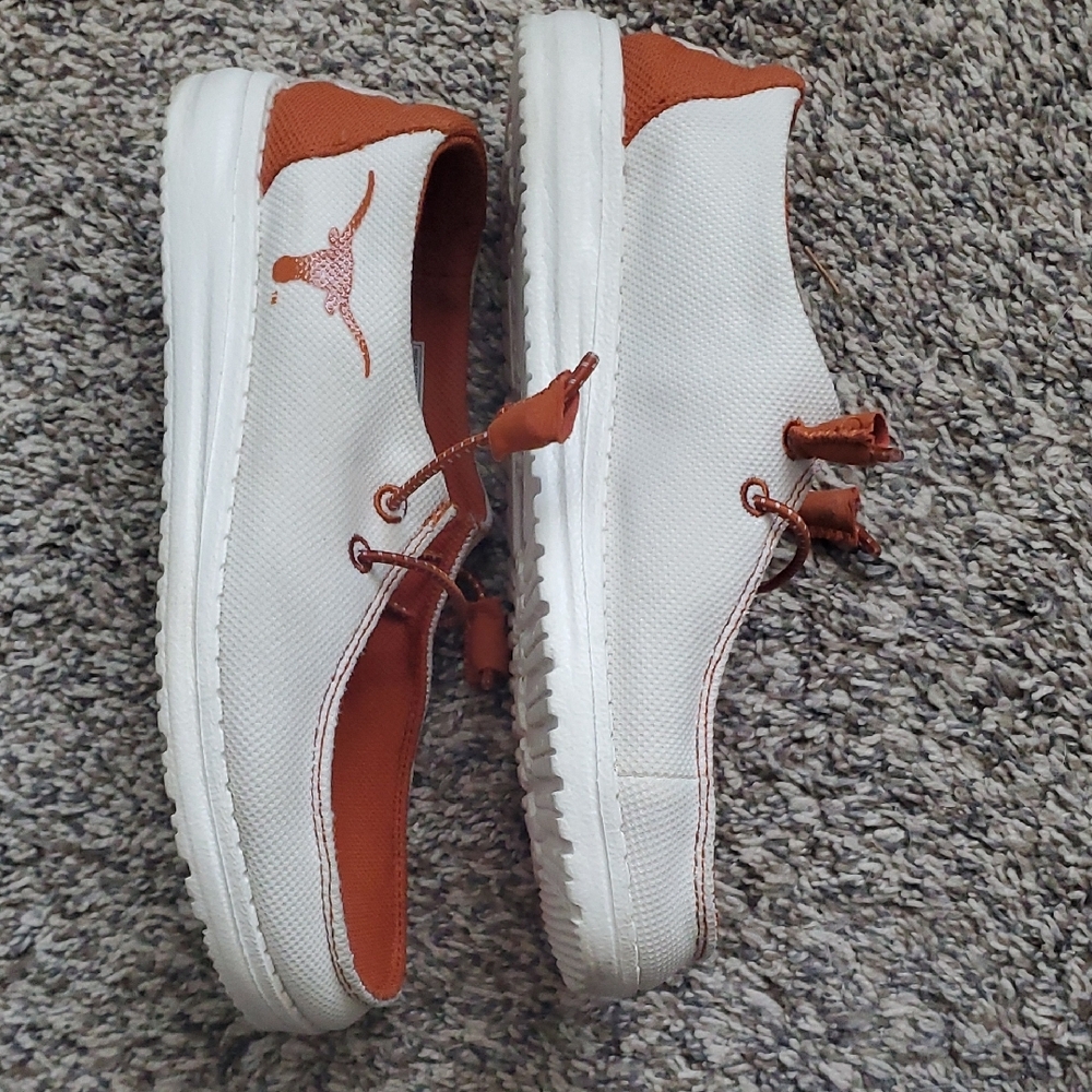 Hey Dude Woman's Slip-On Loafers in Rust and White with the Texas Longhorn logo